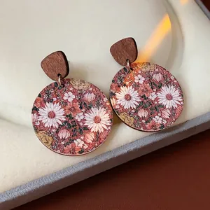Round Wood Floral Print Drop Earrings With Silver Earring Post Vintage Ethnic Bohemian Style For Women Fashion