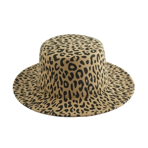 Flat top leopard print wool fedora hat with wide brim in a retro stylish design