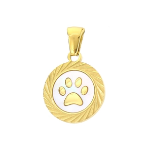Pendentif rond en acier doré avec empreinte de patte sur nacre blanche élégante