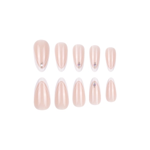 Elegant French nude pink press on nails with white V-lines and rhinestones