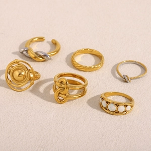 Stainless Steel Rings For Women 18K Gold Plated Vintage Knot Twist Planet Orbit Design Faux Opal Trendy Jewelry
