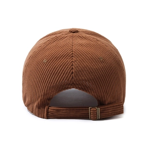 Brown corduroy baseball cap for women with adjustable back strap and metal buckle closure