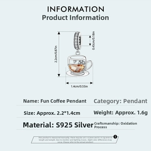 Detailed size specifications and weight info for the S925 silver coffee cup charm