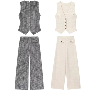 Ensemble Gilet Sans Manches En Tweed À Col En V Et Pantalon Large À Taille Haute Pour Femme