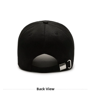 Detail view of cotton baseball cap back with adjustable metal buckle and GSC engraving