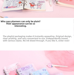 Detail of pink loose-leaf notebook featuring cute illustrations and a clear cover shell