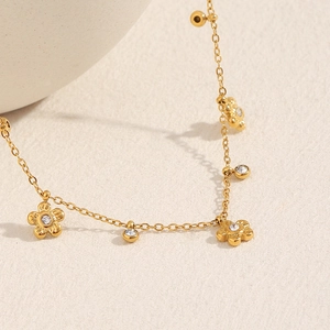 18K gold plated stainless steel necklace with zircon flower tassels and dainty chain
