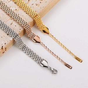 Detailed view of woven mesh bracelets in gold, rose gold, and silver with 18KGP lobster clasp