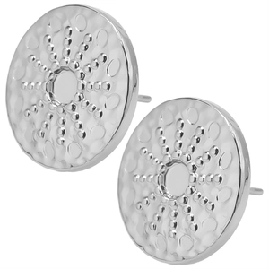 Detail of 304 stainless steel stud earrings with hammered texture and sunburst pattern