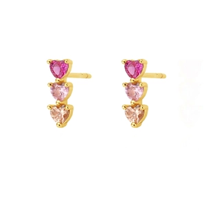 Three-tier gradient heart gemstone drop earrings in gold-plated setting for women