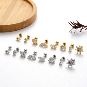 16-piece set of gold and silver surgical steel ear studs with sparkling zircon stones