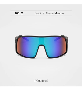 Close-up of black frame sports sunglasses with green mercury mirror lens and wide vision