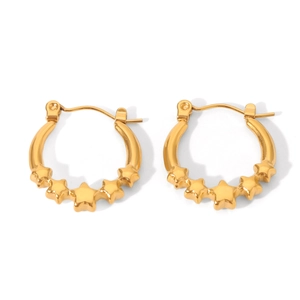 Elegant gold U-shaped hoop earrings with hanging star charms in a minimalist metal design