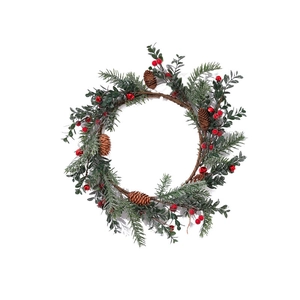 Christmas wreath with artificial pine needles, red berries, and natural pine cones