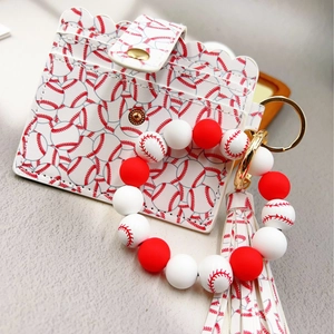 Baseball pattern PU card holder and silicone beaded bracelet keychain with gold hardware