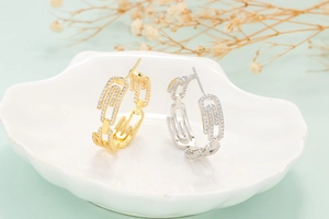 Zircon paperclip hoop earrings in gold and silver finish on a shell tray