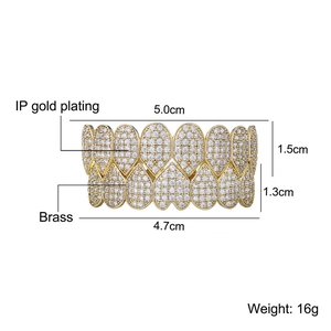 Icy gold hip hop grillz set with brass IP plating and shiny cubic zirconia stones