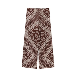 Brown paisley print wide-leg trousers with elastic waist for casual resort style