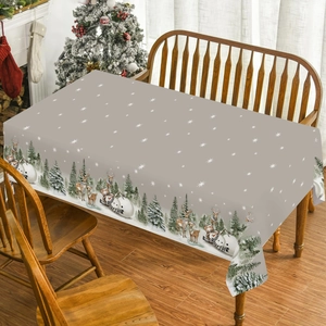 Tablecloth Rectangular Polyester Waterproof Christmas Snowman Reindeer Printed Gray Holiday Dining Table Decoration Decor