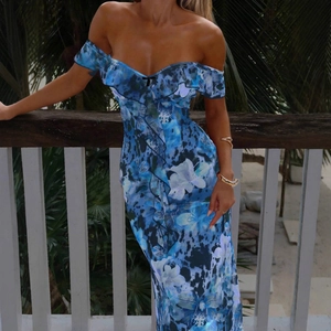 Floral and leopard print off-shoulder summer maxi dress with ruffled neckline