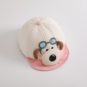 Detailed view of corduroy baby cap with cartoon dog embroidery and soft pink brim