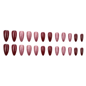 Deep red and pink glitter almond press-on nail kit featuring 24 pieces of glossy finish tips