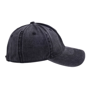 Vintage black washed denim baseball cap with classic six-panel structure and curved brim