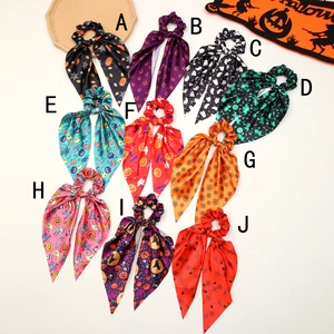Set of 10 Halloween silk hair scrunchies with long ribbons and festive ghost prints