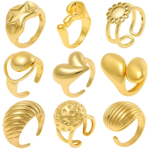 Trendy Copper Gold Plated Open Adjustable Rings For Women Minimalist Geometric Sunflower Heart Star Finger Rings Fashion Jewelry Gift