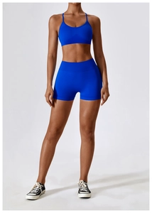 Close-up of royal blue seamless yoga set featuring U-neck bra and high waist shorts