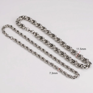 Silver stainless steel twisted rope chains in 11.5mm and 7.3mm widths for unisex wear