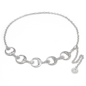 Close-up of silver metal sun and moon chain belt with lobster clasp and adjustable links