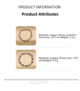 Detailed specs for zircon and pearl flower bracelets with dimensions and weight info