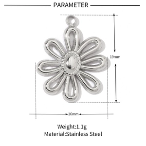Detailed size parameters of 19mm silver flower stainless steel pendant with weight info