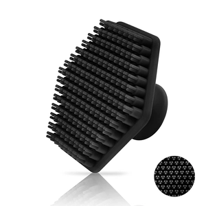 Detail of ergonomic black silicone scalp massager brush with soft exfoliating bristles