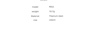 Specifications for titanium steel necklace model P852 weighing 10.7g and 42cm length