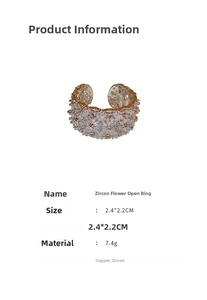 Macro view of wide zircon flower open ring with detailed size and material specs