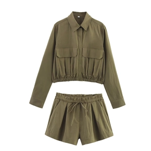Women Shirt And Shorts Outfit Olive Green Long Sleeve Cropped Top High Waist Drawstring Bottoms Pocket Utility Streetwear