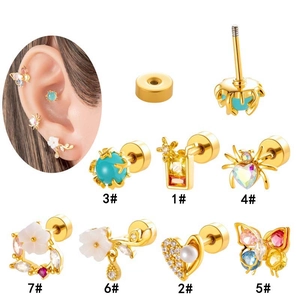 Gold stainless steel stud earrings set featuring zircon butterflies, hearts and spiders