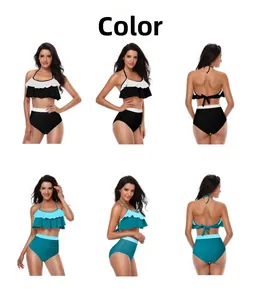 Front and back detail of ruffled halter bikini set with high waisted tummy control bottom
