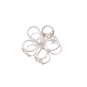 Elegant mini silver flower hair claw clip with a white pearl center for women
