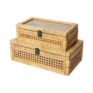 Set of two handmade rattan storage baskets with lids and vintage metal clasps