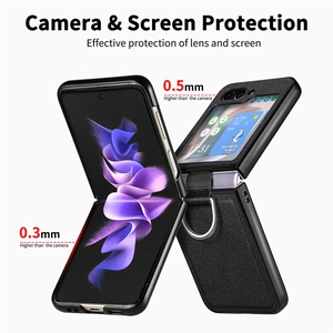 Detail of raised camera and screen protection for Samsung ZFlip leather case with ring