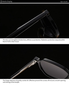 Detail view of smooth hinges and high-definition polarized lenses on black sunglasses