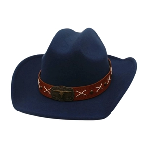 Navy wool felt cowboy hat featuring a brown leather band and bronze bull head buckle