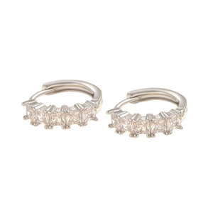 Silver hoop earrings featuring five square cubic zirconia stones in a prong setting