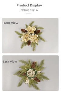 Front and back detail of a golden Christmas candle ring with poinsettia and pine cones