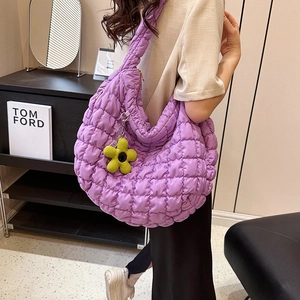 Quilted Puffer Shoulder Bag Spacious Nylon Bubble Cloud Tote Casual Hobo Handbag For Women