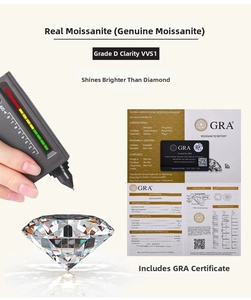 Macro shot of D color VVS1 moissanite stones with GRA certificates and diamond tester