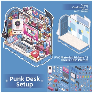 Detail view of DIY 3D punk desk scene stickers set with background stand and PVC decals